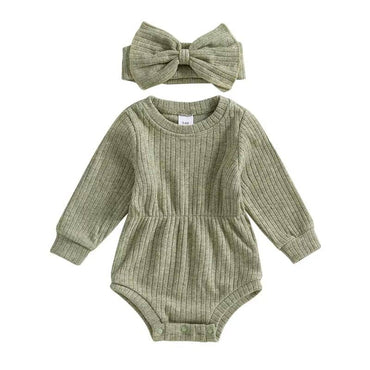 Long Sleeve Solid Ribbed Romper Green 0-3 M