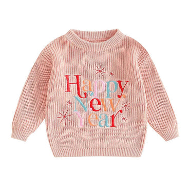 Happy New Year Knit Baby Sweater Pink 0-3 M