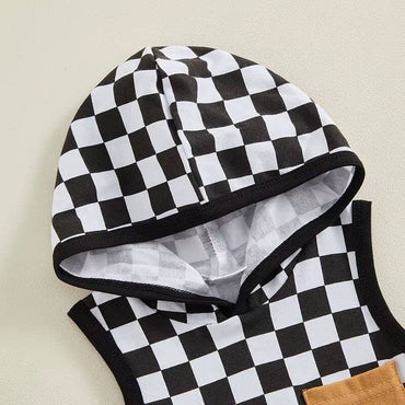 Sleeveless Checkerboard Hooded Baby Jumpsuit