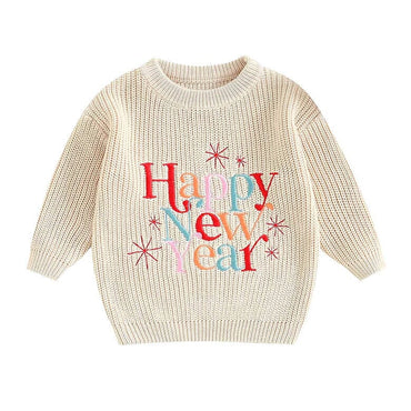 Happy New Year Knit Baby Sweater Beige 0-3 M