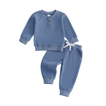Long Sleeve Solid Waffle Baby Set Blue 3-6 M