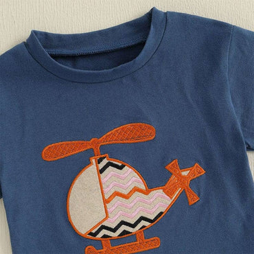 Short Sleeve Helicopter Plaid Shorts Baby Set