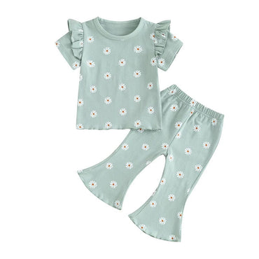 Short Sleeve Ruffled Floral Flared Toddler Set Green 12-18 M