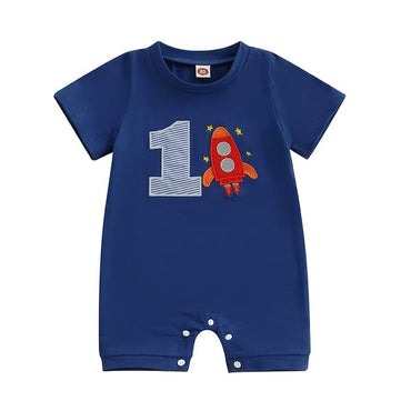 Short Sleeve Birthday Rocket Baby Romper Blue 9-12 M