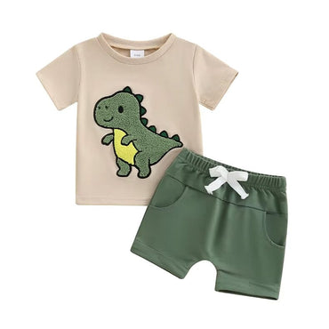 Short Sleeve Dinosaur Solid Shorts Baby Set Green 3-6 M