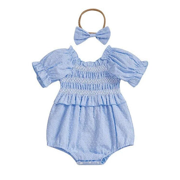 Short Sleeve Off Shoulder Ruched Baby Romper Blue 0-3 M