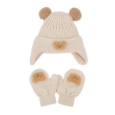 Bear Knitted Beanie Mittens Set Beige