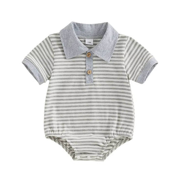 Short Sleeve Striped Collar Baby Romper Gray 0-3 M