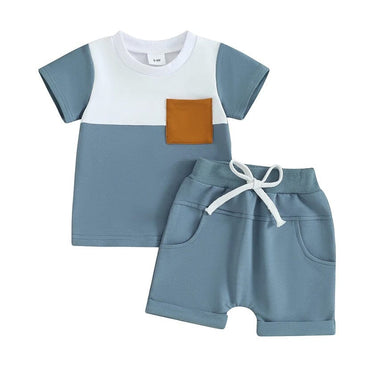 Short Sleeve Color Block Baby Set Blue 3-6 M