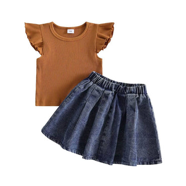 Fly Sleeve Ribbed Denim Skirt Toddler Set Brown 12-18 M