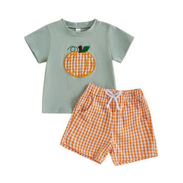 Short Sleeve Checkered Pumpkin Baby Set