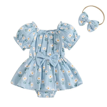 Puff Sleeve Daisy Baby Romper Blue 0-3 M