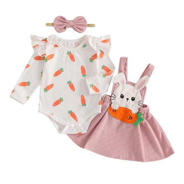 Long Sleeve Bunny Carrot Suspender Skirt Baby Set