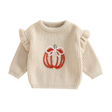 Pumpkin Bow Knit Toddler Sweater Beige 6-9 M