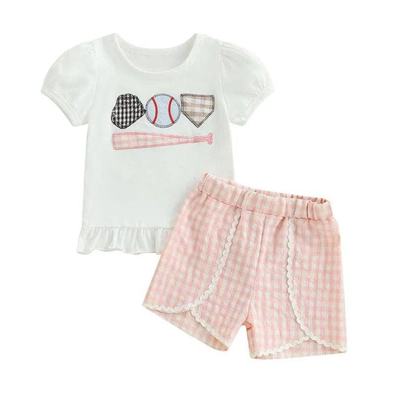 Puff Sleeve Plaid Shorts Baseball Baby Set