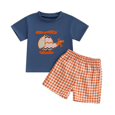 Short Sleeve Helicopter Plaid Shorts Baby Set