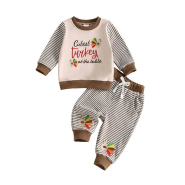Cutest Turkey At The Table Striped Baby Set
