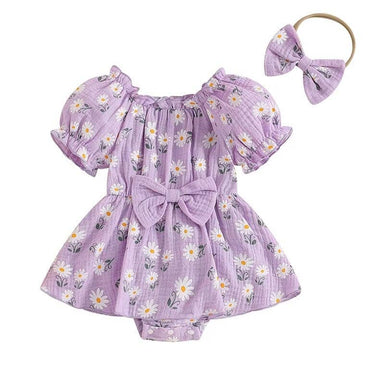 Puff Sleeve Daisy Baby Romper Purple 0-3 M