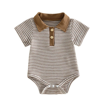 Short Sleeve Collar Striped Baby Romper Brown 0-3 M