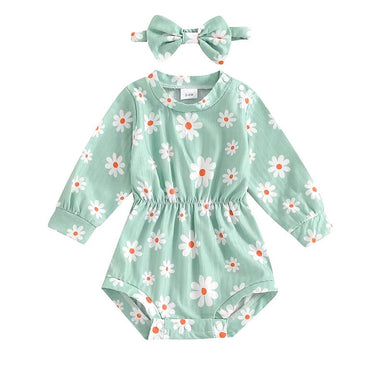 Long Sleeve Daisy Baby Romper Green 0-3 M