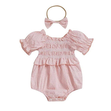 Short Sleeve Off Shoulder Ruched Baby Romper Pink 0-3 M