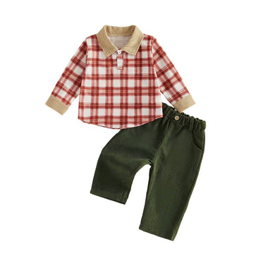 Long Sleeve Plaid Corduroy Toddler Set Red 9-12 M