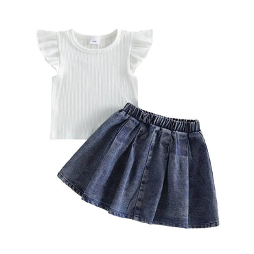 Fly Sleeve Ribbed Denim Skirt Toddler Set White 12-18 M