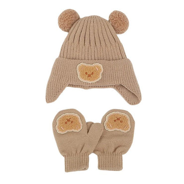 Bear Knitted Beanie Mittens Set Khaki