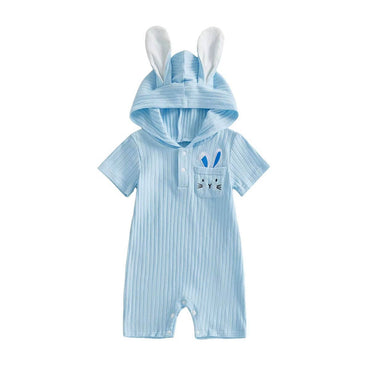 Short Sleeve Bunny Ears Hooded Romper Blue 0-3 M