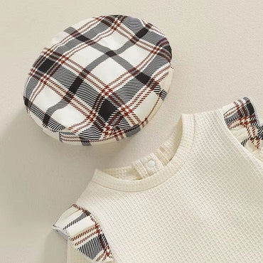 Long Sleeve Waffle Plaid Skirt Baby Set