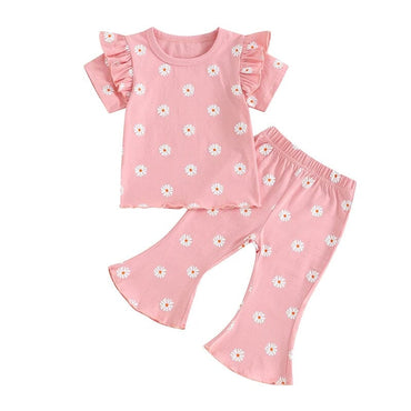 Short Sleeve Ruffled Floral Flared Toddler Set Pink 12-18 M