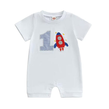 Short Sleeve Birthday Rocket Baby Romper White 9-12 M