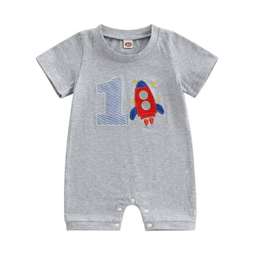 Short Sleeve Birthday Rocket Baby Romper Gray 9-12 M