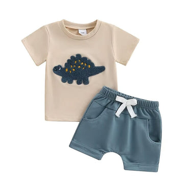 Short Sleeve Dinosaur Solid Shorts Baby Set Blue 3-6 M