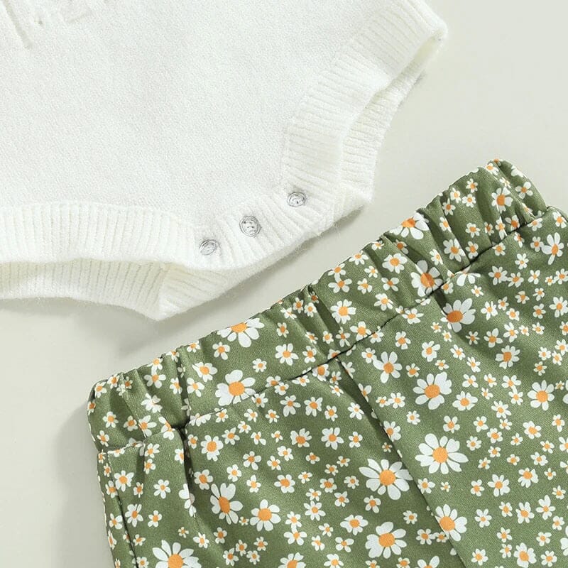 Knitted Top Floral Flared Pants Baby Set   
