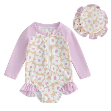 Long Sleeve Floral Ruffles Toddler Swimsuit