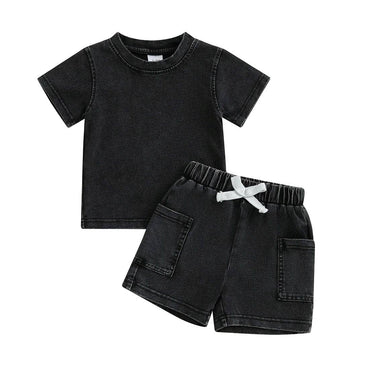 Short Sleeve Solid Short Pockets Baby Set Black 3-6 M