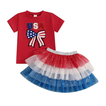 Short Sleeve USA Bow Skirt Toddler Set Red 12-18 M