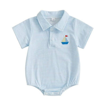 Short Sleeve Sailboat Striped Baby Romper