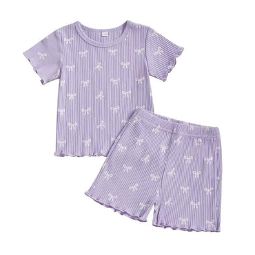 Short Sleeve Ribbed Bows Toddler Set Purple 9-12 M