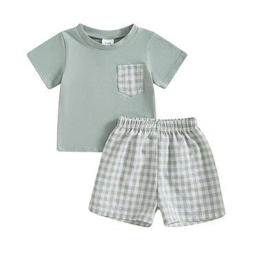 Short Sleeve Plaid Pocket Baby Set Green 3-6 M