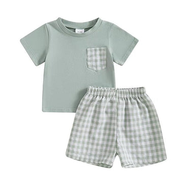 Short Sleeve Plaid Pocket Baby Set Green 3-6 M