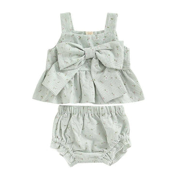 Floral Plaid Bowknot Baby Set Green 0-3 M