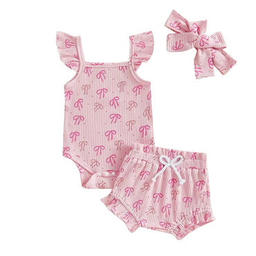 Fly Sleeve Ruffled Bows Baby Set Pink 0-3 M