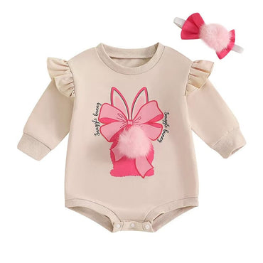 Long Sleeve Easter Bunny Baby Romper Beige 0-3 M