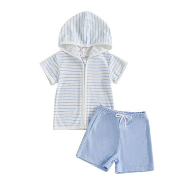 Short Sleeve Striped Hooded Toddler Set Blue 9-12 M