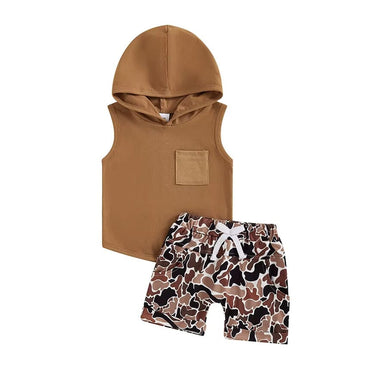 Sleeveless Hoodie Camo Shorts Baby Set Brown 3-6 M