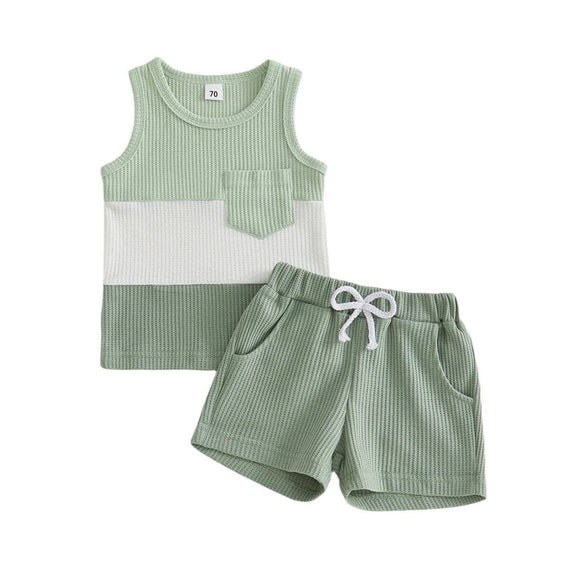 Sleeveless Color Block Waffle Baby Set Green 3-6 M
