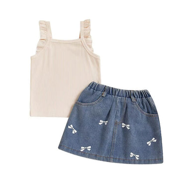 Fly Sleeve Top Denim Skirt Toddler Set