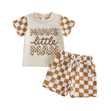 Mama's Little Man Checkered Baby Set Brown 3-6 M